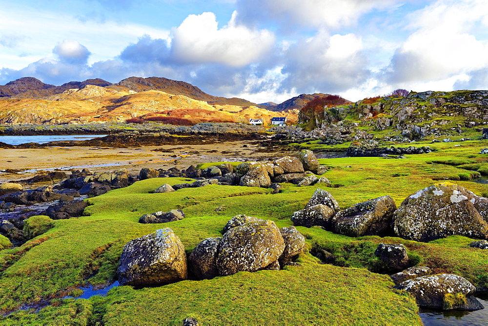 A view of the shore and hills of Portuairk, Sanna Bay along the Ardnamurchan coast in the Scottish Highlands, Scotland, United Kingdom, Europe