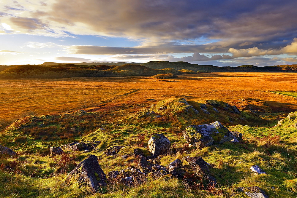 A winter view looking across Moine Mhor Nature Reserve from Dunadd Fort in the Scottish Highlands, Argyll, Scotland, United Kingdom, Europe