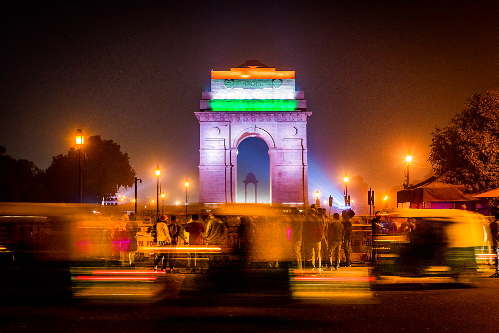 India Gate at night with Indian flag projected on it, New Delhi, India, Asia