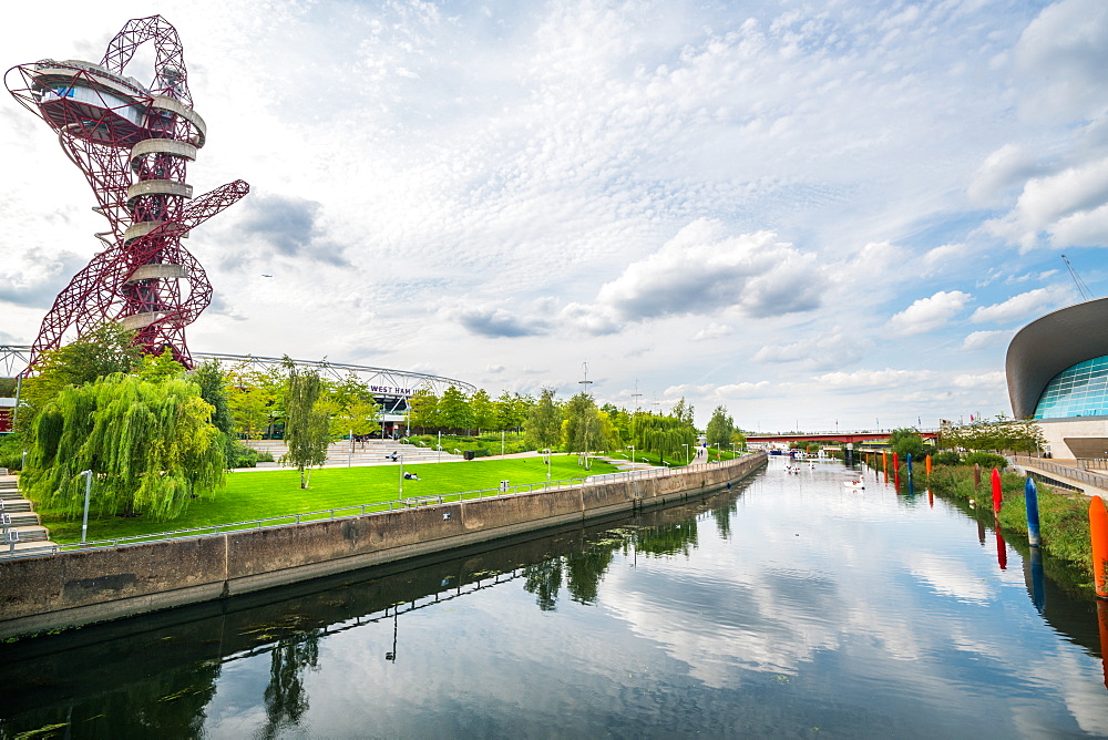 Views of Orbitz and London Aquatic Centre over Three Mills River, Queen Elizabeth Park, Stratford, London, England, United Kingdom, Europe