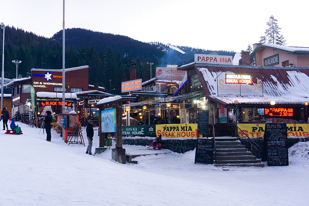 Borovets Ski Resort, bars and eateries at the bottom of the ski hill, Bulgaria, Europe