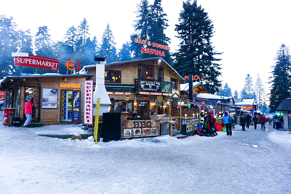 Borovets Ski Resort, bars and eateries at the bottom of the ski hill, Bulgaria, Europe