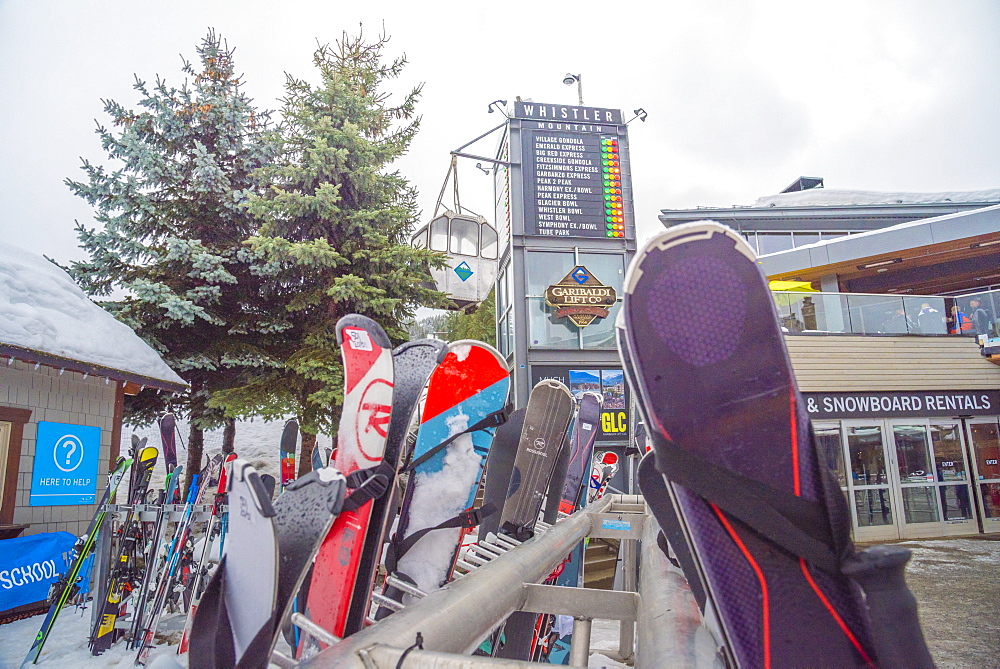 Ski equipment outside the GLC, a top apres bar in Whistler, British Columbia, Canada, North America