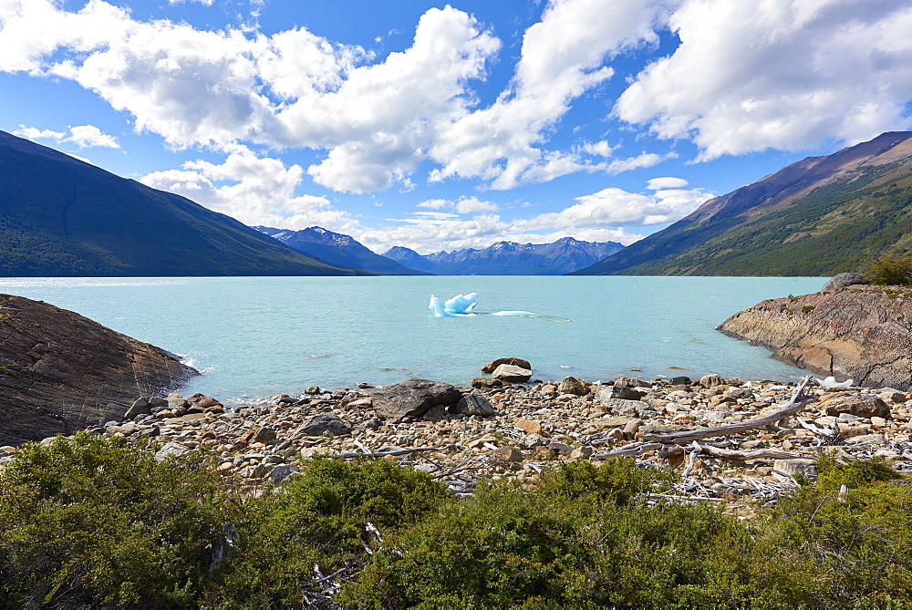 A single iceberg floating near the shore in Lago Argentino near Perito Moreno Glacier, with mountains in the background, Los Glaciares National Park, UNESCO World Heritage Site, Patagonia, Argentina, South America