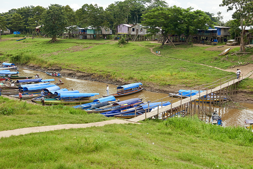 View over port of Leticia, where boats leave for local communities in the rainforest, Leticia, Colombia, South America