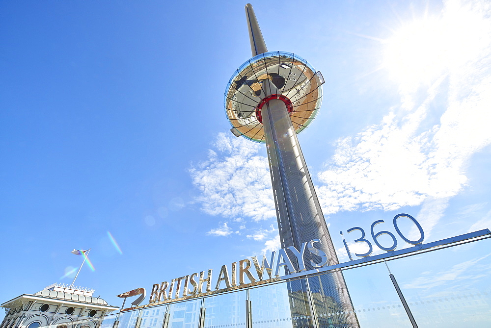 Low angle shot of British Airways' i360 viewing tower in Brighton, Sussex, England, United Kingdom, Europe