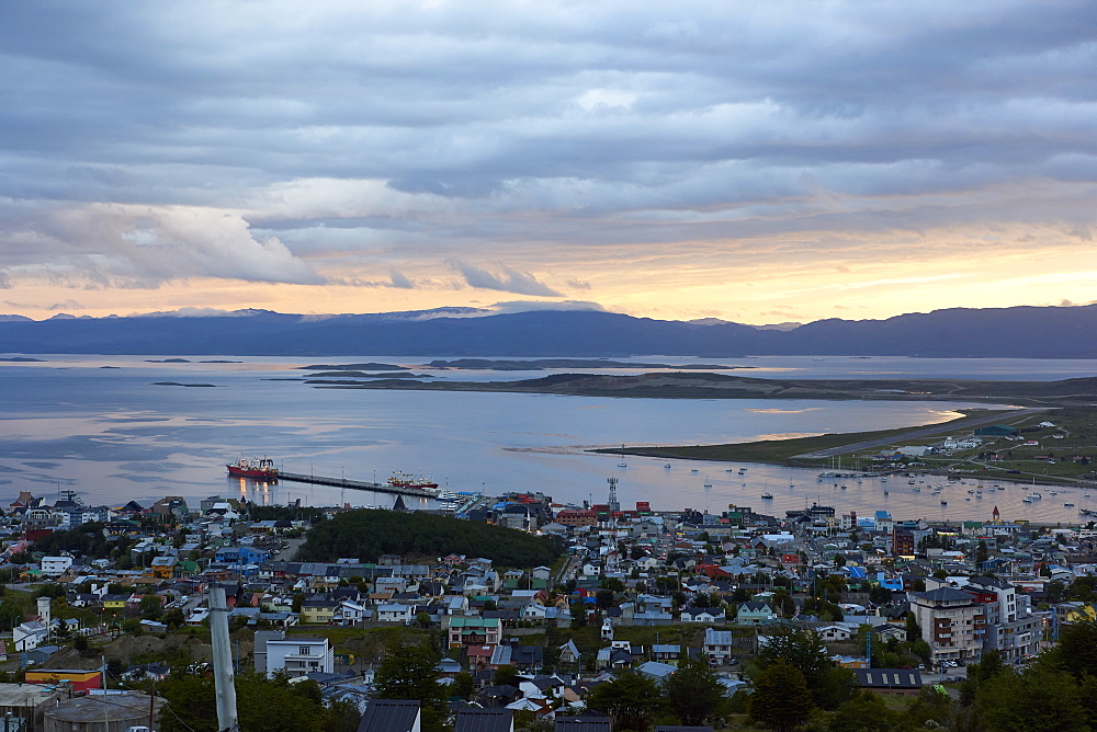 Overview of Ushuaia during sunset, Tierra del Fuego, Argentina, South America