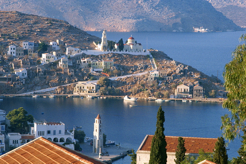 Aerial view over Yalos, Symi (Simi), Dodecanese Islands, Greek Islands, Greece, Europe