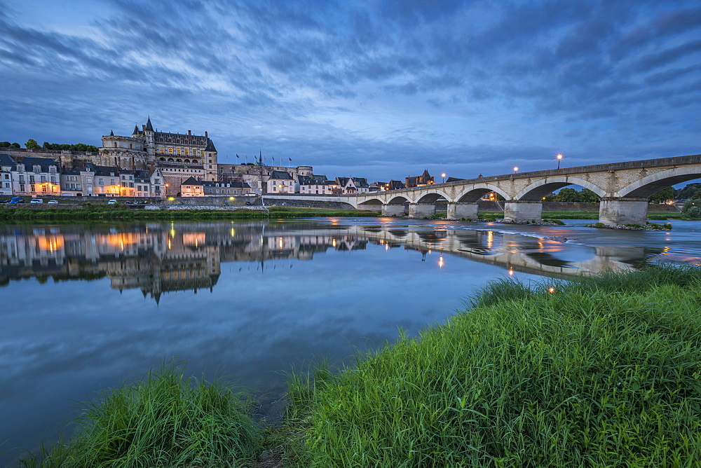 Castle and bridge at blue hour, Amboise, Indre-et-Loire, Loire Valley, Centre, France, Europe