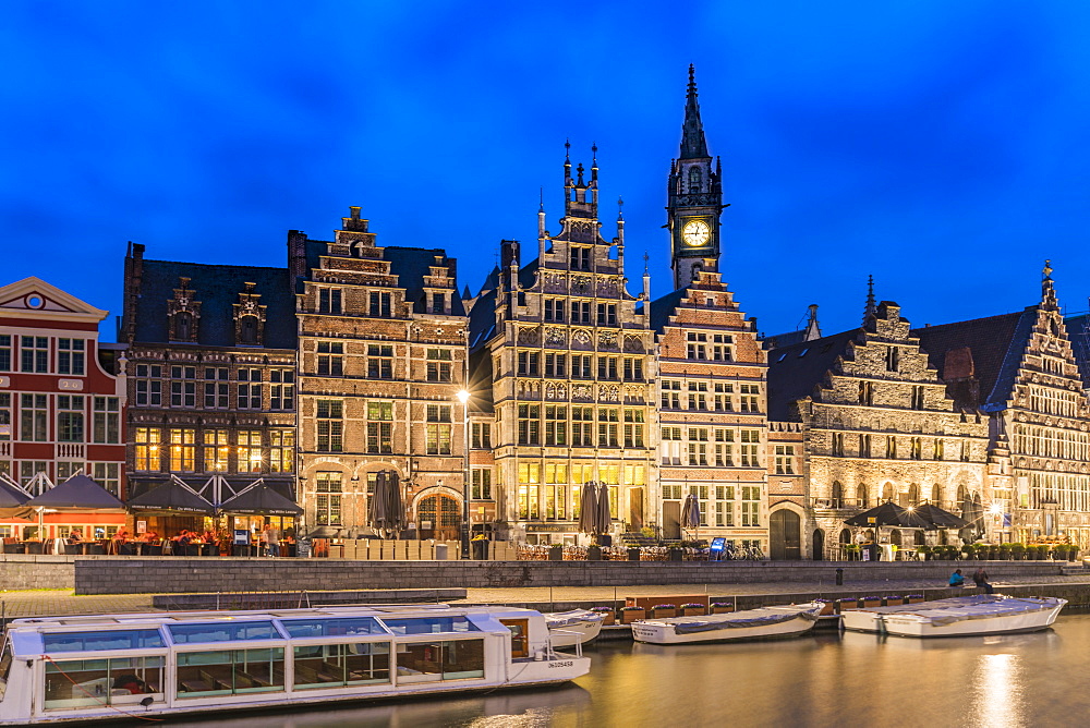 Belfry, houses and boats on Lys canal, Ghent, East Flanders province, Flemish region, Belgium, Europe