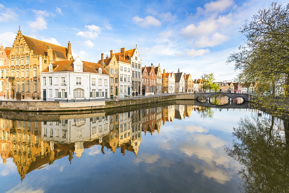 Houses reflected at Spiegelrei corner, Bruges, West Flanders province, Flemish region, Belgium, Europe