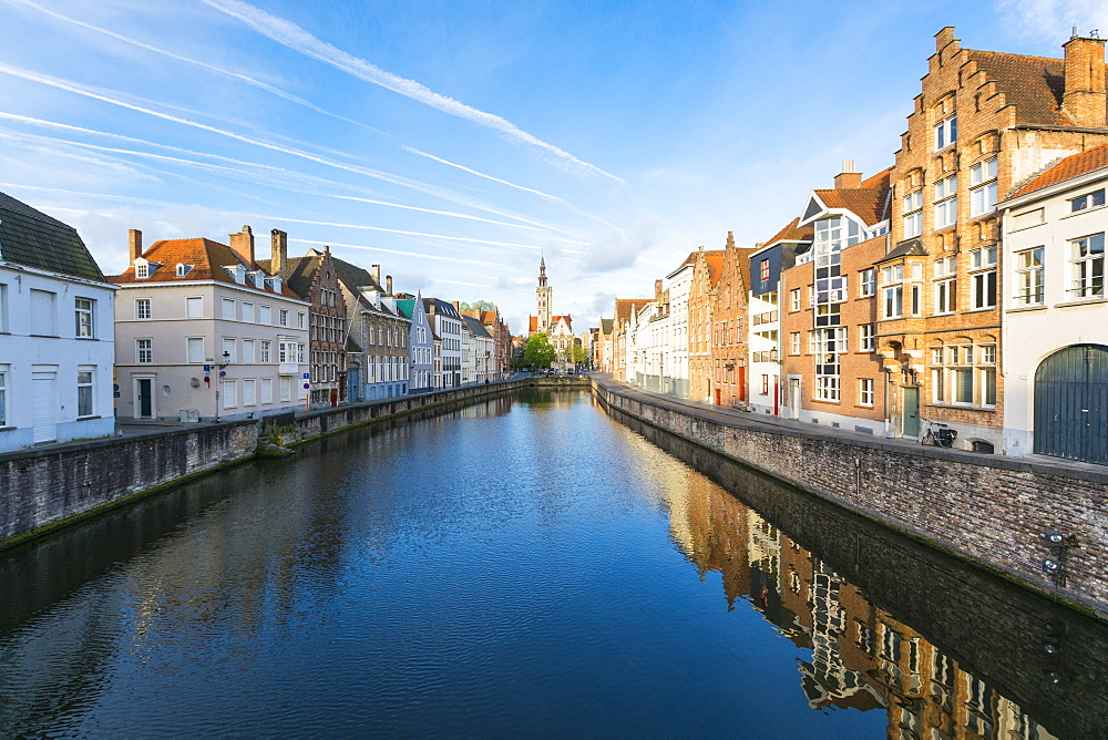 Houses and belfry on canal, Bruges, West Flanders province, Flemish region, Belgium, Europe