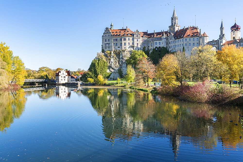 Sigmaringen Castle reflected in the Danube River, Sigmaringen, Baden-Wurttemberg, Germany, Europe