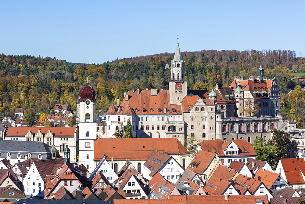 The town of Sigmaringen from an elevated viewpoint, Sigmaringen, Baden-Wurttemberg, Germany, Europe