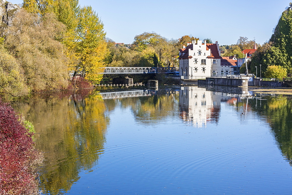 Part of Sigmaringen castle reflecting in the Danube River, Sigmaringen, Baden-Wurttemberg, Germany, Europe