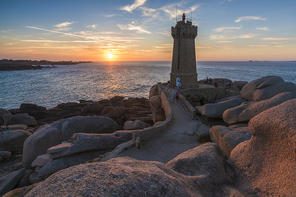 Ploumanach lighthouse at sunset, Perros-Guirec, Cotes-d'Armor, Brittany, France, Europe