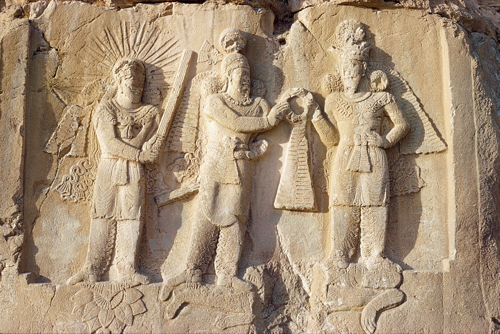 The Investiture of Sassanid monarch Ardashir II by the god Ahura Mazda, with the god Mithra on the left, Taq-i Bustan, near Kirmanshah, Iran, Middle East