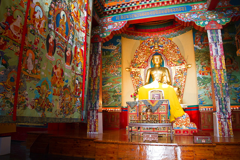 The Buddhist temple of the Norbulingka Tibetan Institute of Tibetan Arts and Culture, Dharamsala, Himachal Pradesh, India, Asia