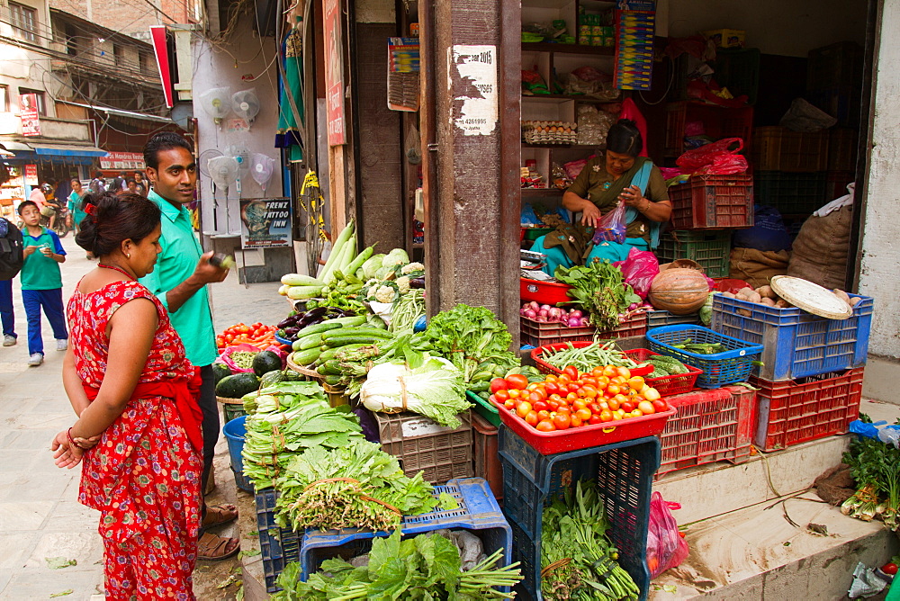 Vegetables for sale on the streets of Thamel, the tourist area of Kathmandu, Nepal, Asia