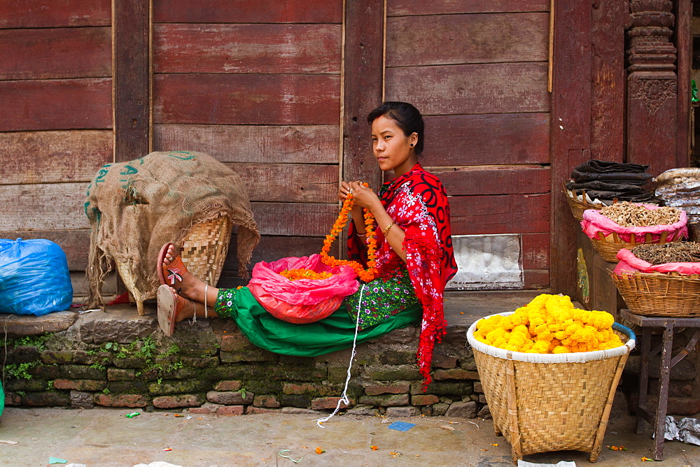 Flower seller of Kathmandu, Nepal, Asia