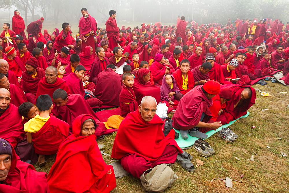 Buddhist monks of the Great Sakya Monlam prayer meeting at Buddha's birthplace, Lumbini, Nepal, Asia