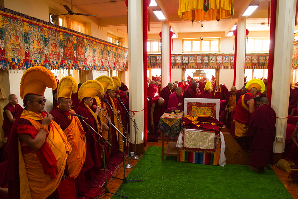 Tibetan Buddhist monks at Losar (Tibetan New Year) in the Dalai Lama Temple, McLeod Ganj, Dharamsala, Himachal Pradesh, India, Asia