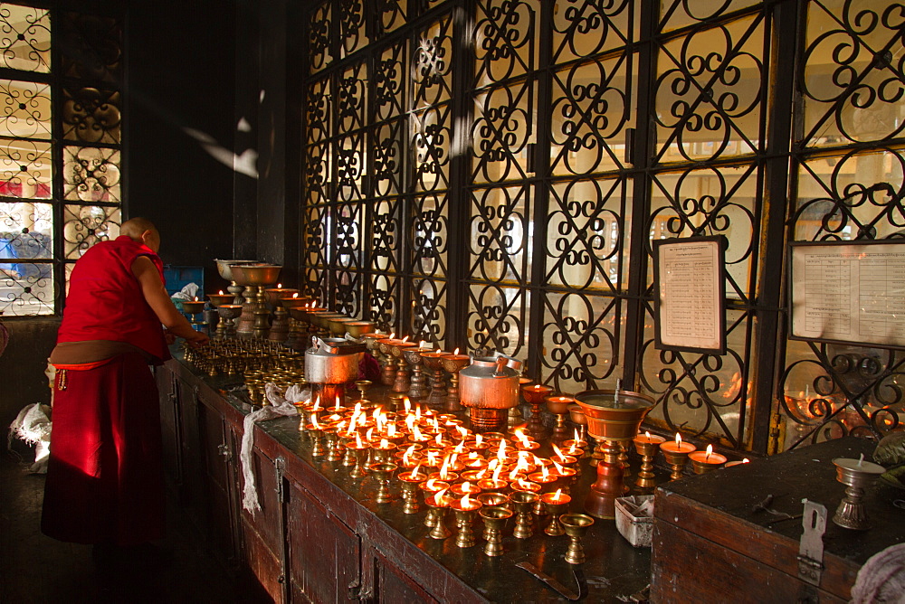 Tibetan Buddhists monks at Losar (Tibetan New Year) in the Dalai Lama Temple, McLeod Ganj, Dharamsala, Himachal Pradesh, India, Asia