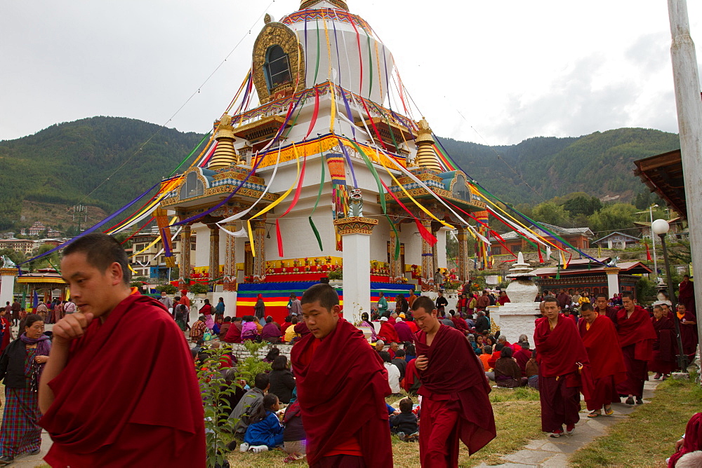 The Memorial Stupa and Buddhist devotees, Thimphu, Bhutan, Asia