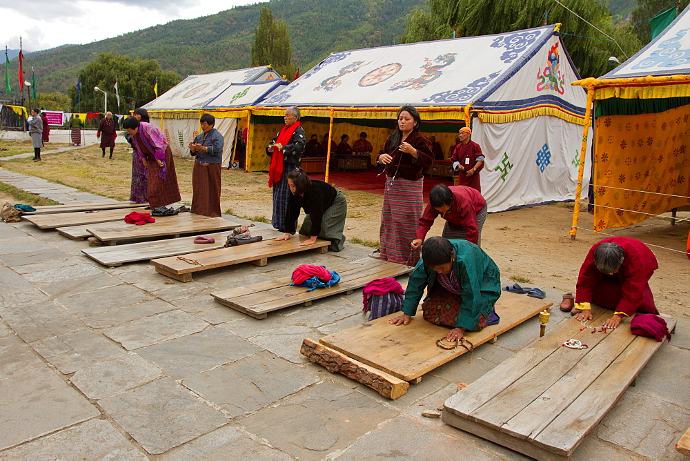 The Memorial Stupa and Buddhist devotees, Thimphu, Bhutan, Asia