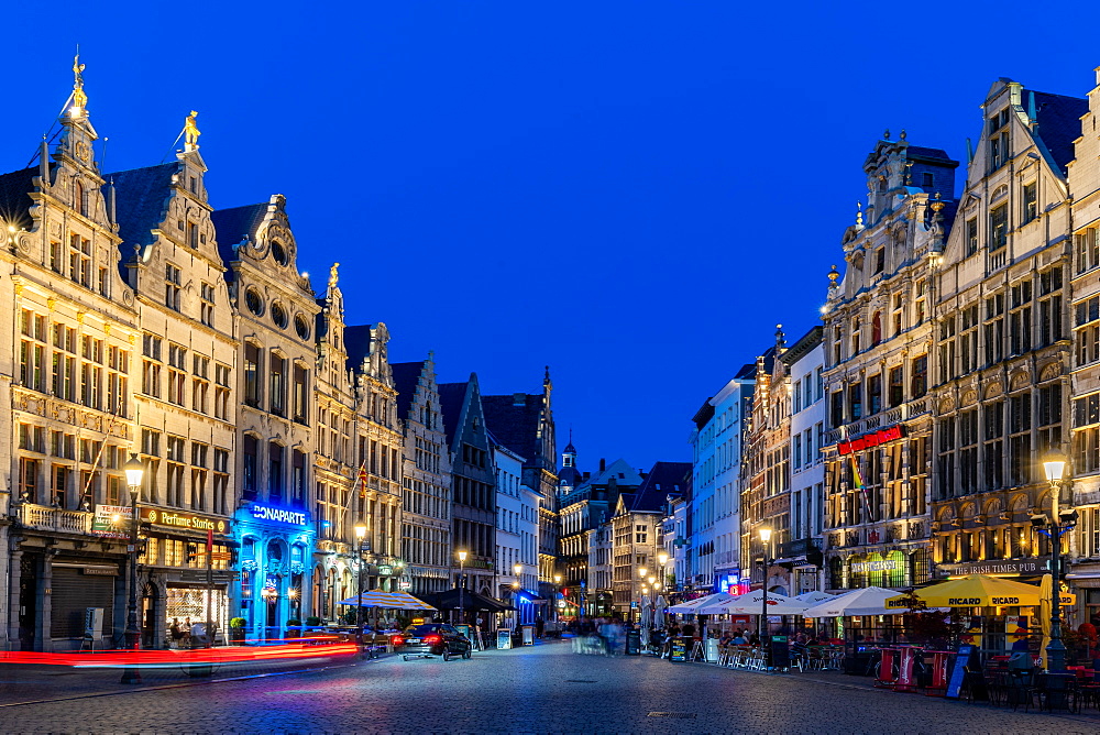 The historic centre of Antwerp during the evening blue hour, Antwerp, Belgium, Europe