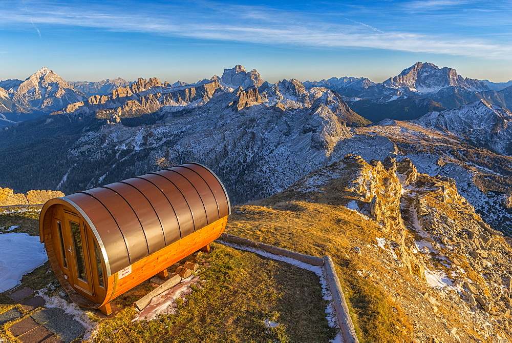 Antelao, Pelmo and Civetta at sunset from Lagazuoi mountain hut, Dolomites, Veneto, Italy, Europe