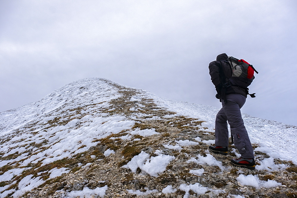 Hiker on Monte Catria in winter, Apennines, Umbria, Italy, Europe