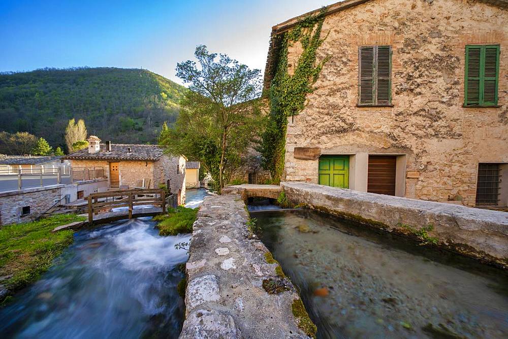 Small town in the Apennines in spring, Rasiglia, Umbria, Italy, Europe