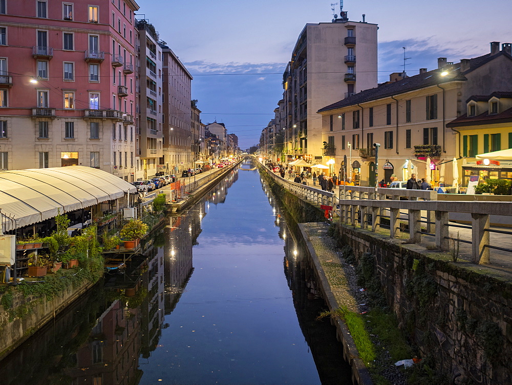 Porta Nuova, Navigli, Naviglio Grande at dusk, Milan, Lombardy, Italy, Europe