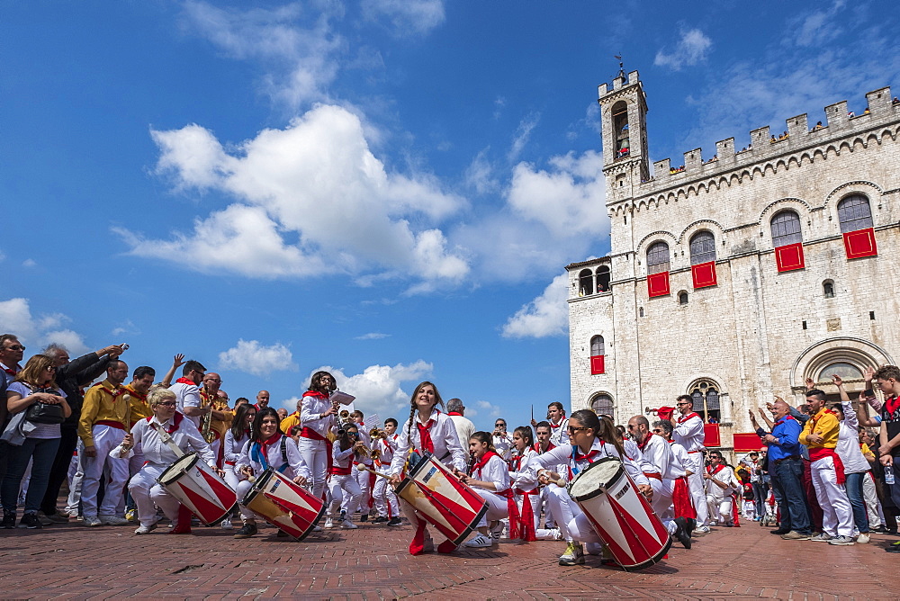 Band in Signoria Square (Piazza Grande) during Ceri Festival, Gubbio, Umbria, Italy, Europe