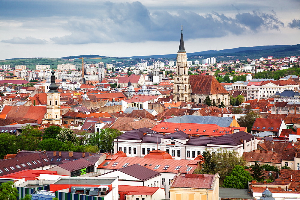 View on Cluj-Napoca from the Citadel Hill with Saint Michael's Church, Cluj-Napoca, Transylvania, Romania, Europe