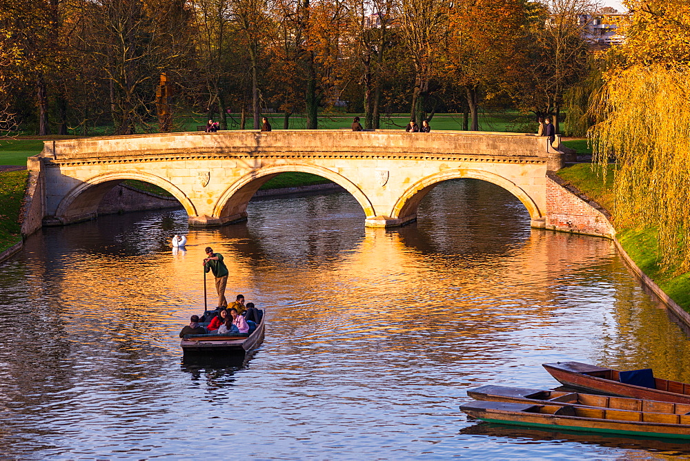 Punting on the Backs with the late evening light hitting Trinity College bridge, Cambridge, Cambridgeshire, England, United Kingdom, Europe