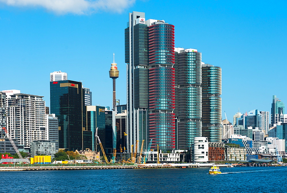 The towers of Barangaroo South resort stand out amongst Sydney city skyline, seen from Darling Harbour, Sydney, New South Wales, Australia, Pacific