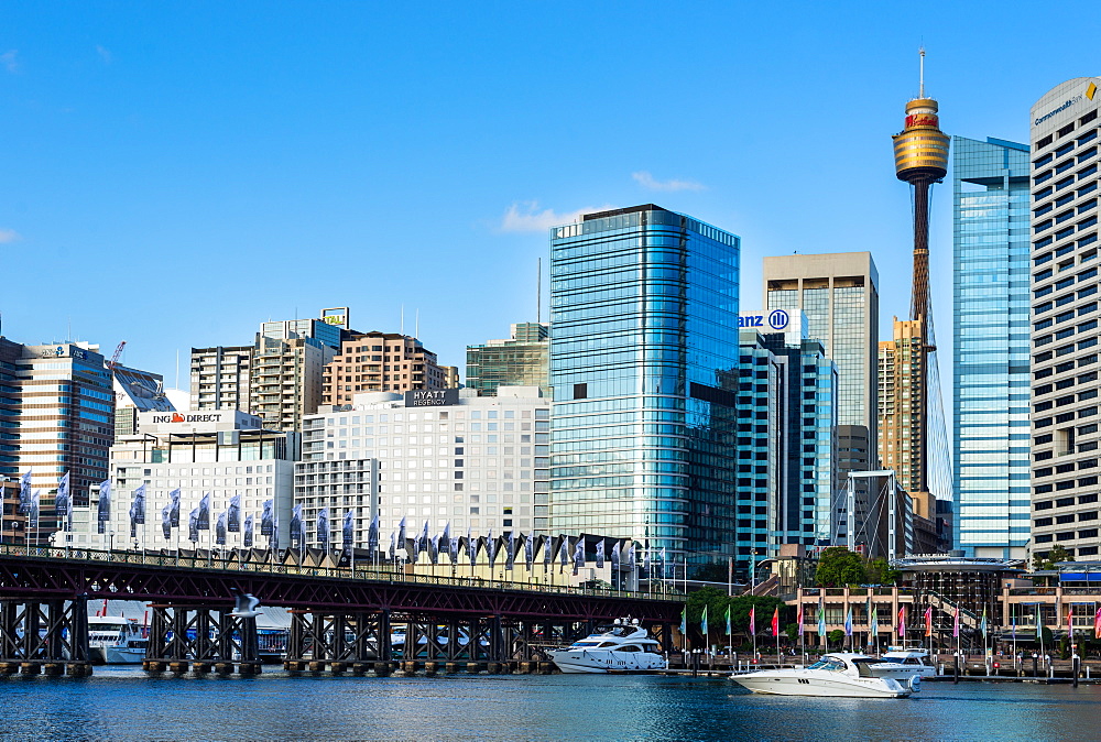 The Pyrmont Bridge and city skyline at Darling Harbour, Sydney, New South Wales, Australia, Pacific