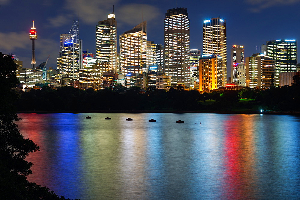 Views of Sydney city skyline after dark from Mrs Macquarie's Chair, Sydney, New South Wales, Australia, Pacific