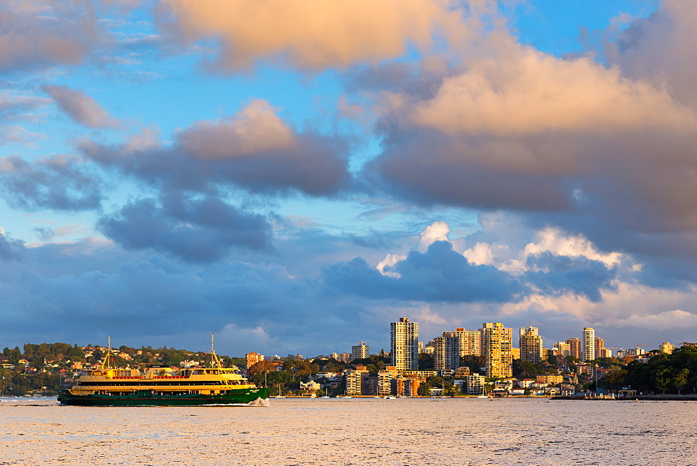 A ferry in Sydney Harbour in evening light, Sydney, New South Wales, Australia, Pacific