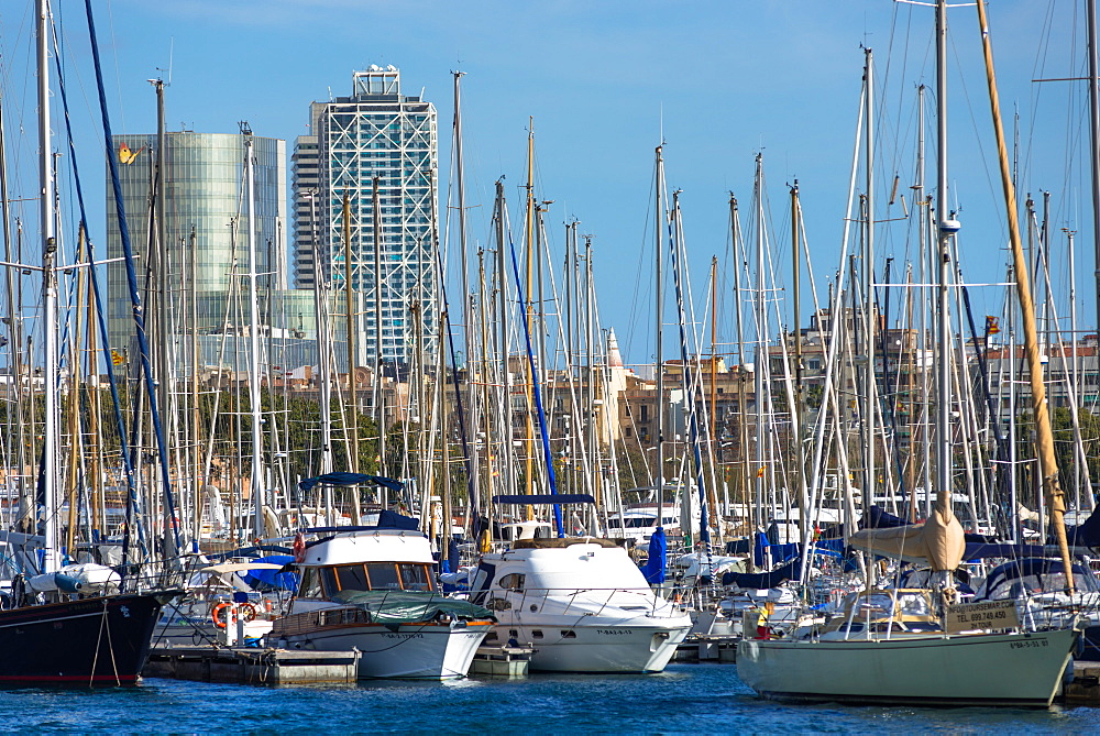 Sailing boats on Barcelona Marina at Port Vell, Barcelona, Catalonia, Spain, Europe