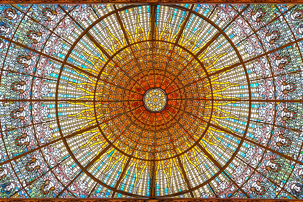 Stained glass skylight in Palace of Catalan Music (Palau de la Musica Catalana), Barcelona, Catalonia, Spain, Europe