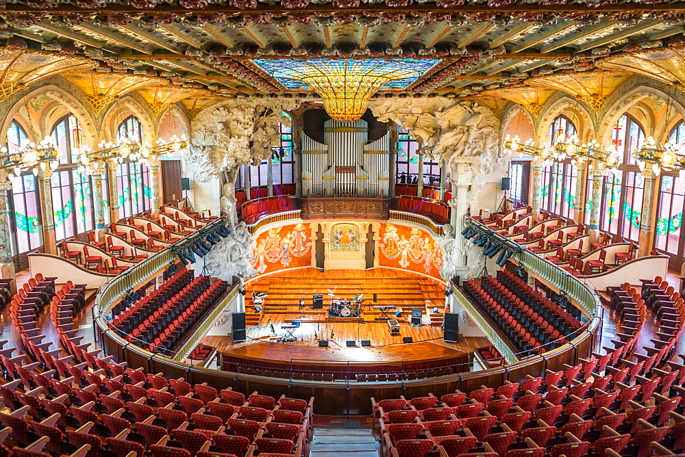 Interior views of Art Nouveau Concert hall, Palau de la Musica Catalana, Barcelona, Catalonia, Spain, Europe