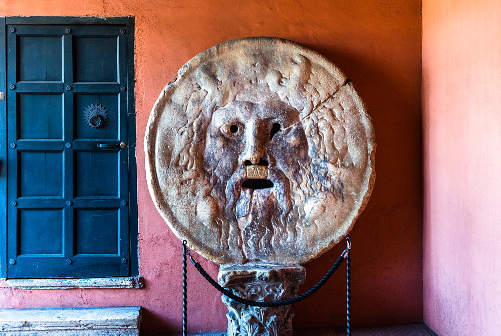 Bocca della Verita (Mouth of Truth), a marble mask at Santa Maria in Cosmedin church in Rome, Lazio, Italy, Europe