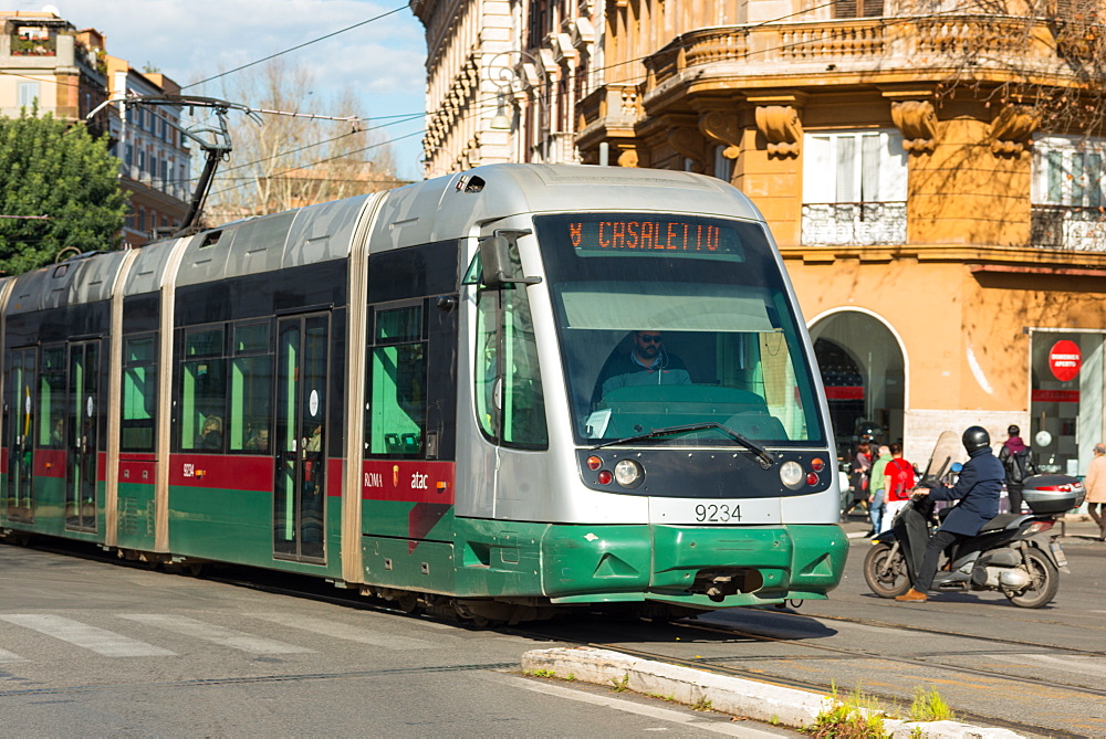 A modern tram on a Rome street, Rome, Lazio, Italy, Europe