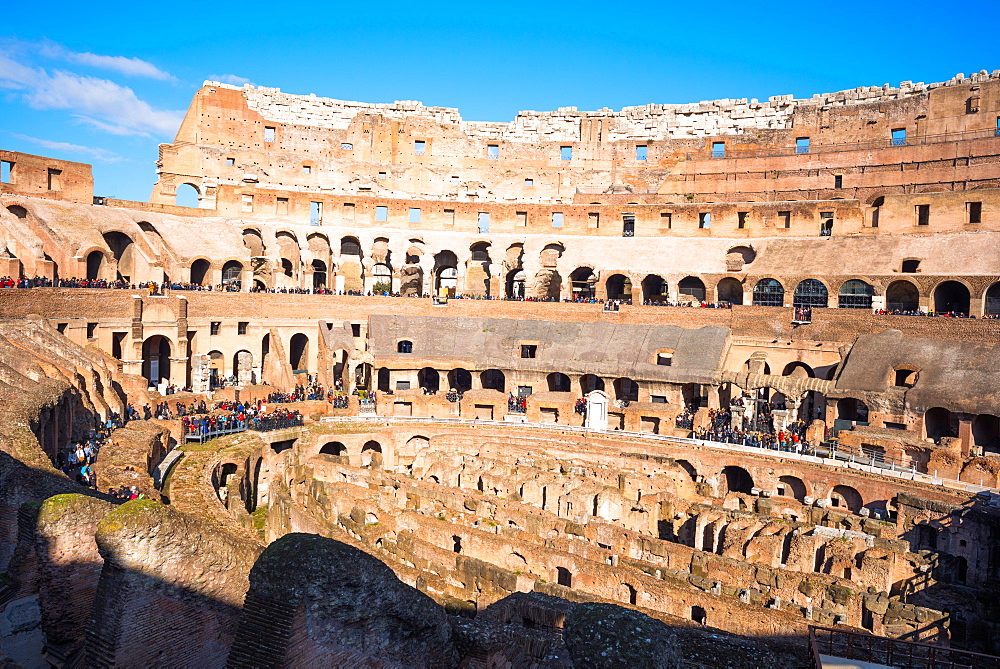 The Colosseum (Flavian Amphitheatre), with the below ground level hypogeum, UNESCO World Heritage Site, Rome, Lazio, Italy, Europe