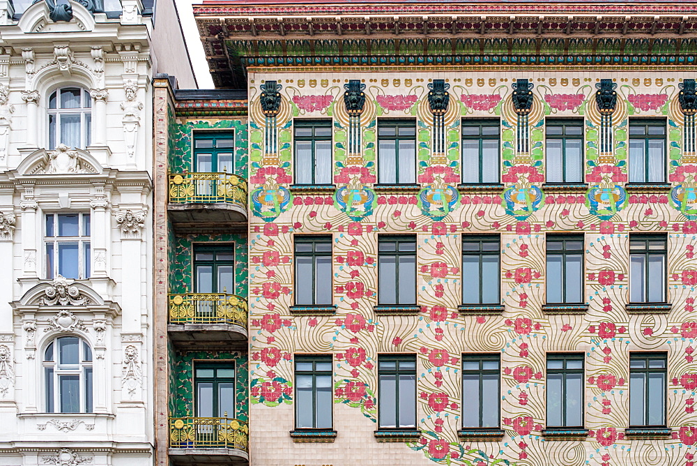 The Art Nouveau facade of the Majolikahaus opposite Naschmarkt market, Vienna, Austria, Europe