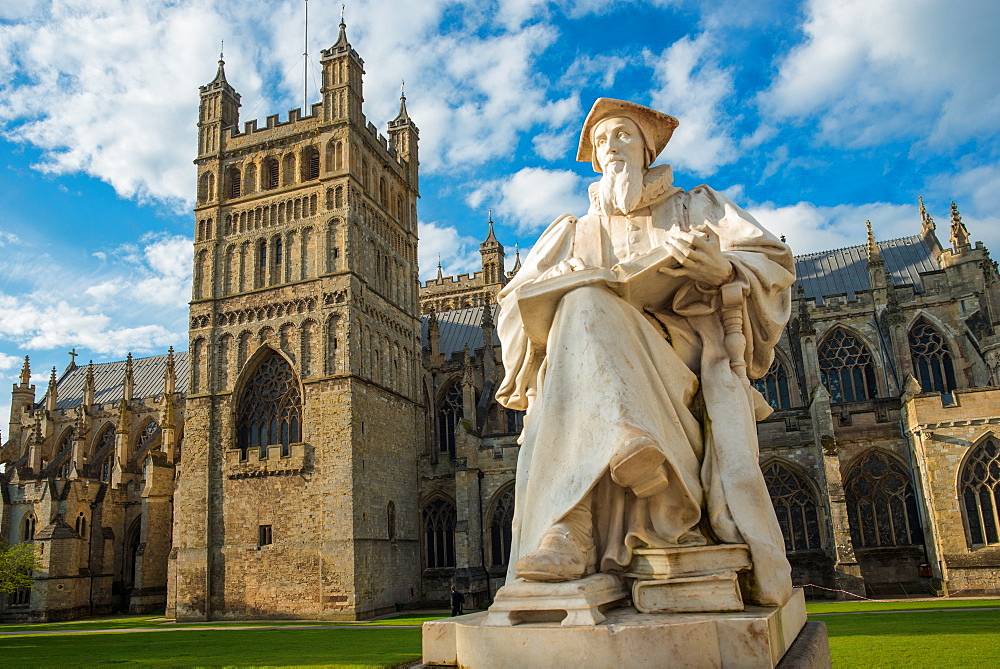 Exeter Cathedral with statue of Richard Hooker, Devon, England, United Kingdom, Europe