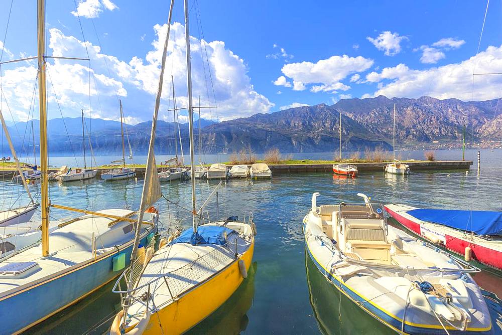 Moored sailboats at tourist port of Malcesine, Lake Garda, Verona province, Veneto, Italian Lakes, Italy, Europe